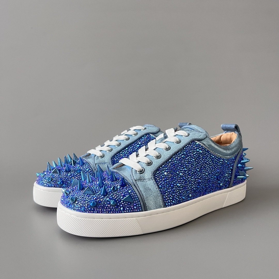Luxury Men's Blue Leather Rivet Crystal Lace Up Loafers Premium Red Bottom Classic Casual White Sole Women Boat Shoes