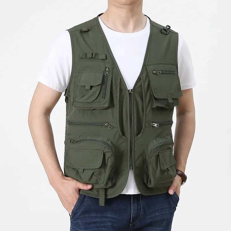 Men's Men's Vests 2025 New Vest Tactical Webbed Gear Coat Summer Photographer Waistcoat Tool Many Pocket Mesh Work Sleeveless Jacket MaleW