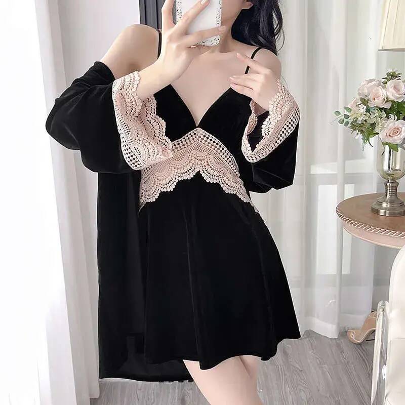Women Pajamas Women's Velvet For Autumn Winter Sexy Lace Camisole Robe Two Piece Set Pure loungewear Desire Style With V Neck And Chest Pads Sl