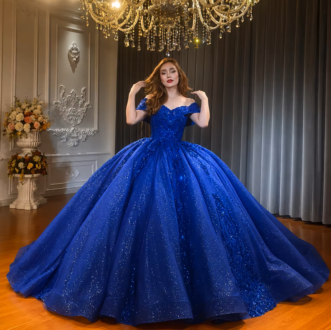 Luxury Royal Blue Quinceanera Dresses 2026 Sparkling Beaded Lace Off the Shoulder Princess Sequins Girl Pageant Wear Sweet 15 16 Birthday Gowns Vest