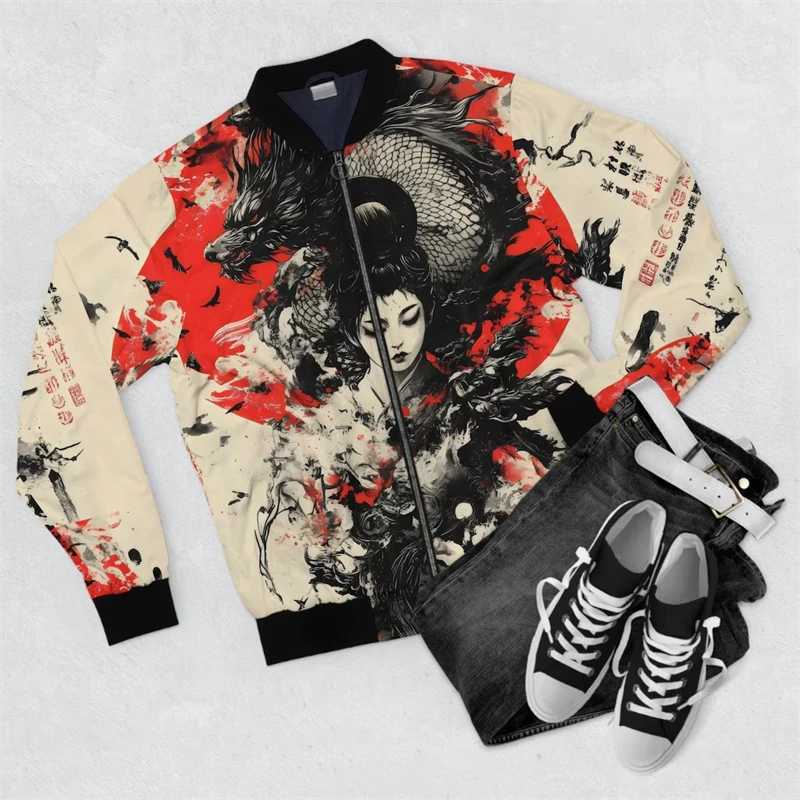 Jackets Harjauku Japanese Style Men's Graffiti Art Men's Oversized 3D Jacket Sportswear Autumn Long Sleeve Zipper Sweater Baseball Jackets