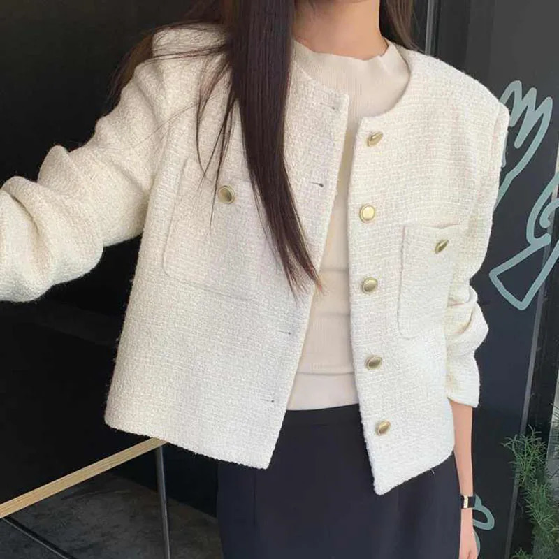 Women French Style Tweed Coat High-End Korean Fashion Metal Buttons Short Jacket Ladies Streetwear Temperament O-Neck Outwear 261014