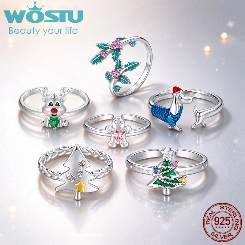 OSTU 925 Sterling Silver Christmas Open Rings for Women Reindeer Gingerbread Tree Holly Adjustable CZ Enamel Ring Xmas Gift 261017
