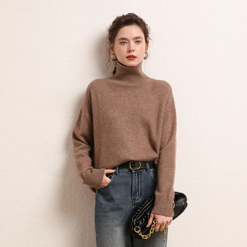 Women's 100 Cashmere Sweater Turtleneck Pullover Autumn Winter Soft Warm Knitwear Solid Basic Casual Loose Female Clothing Tops 261008