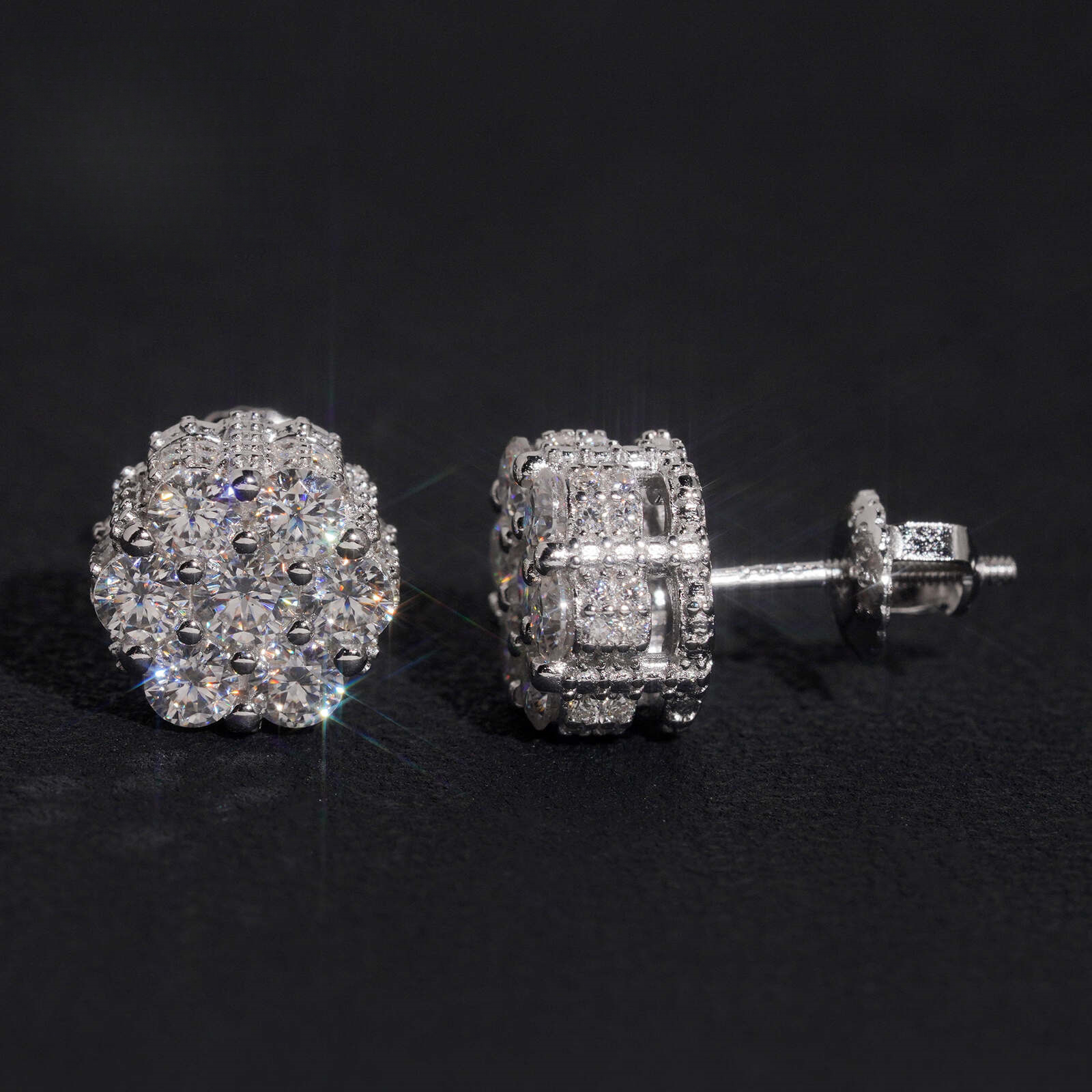 New S925 silver moissanite flower earrings, hip-hop style, fully diamond-studded floral design, available for sales