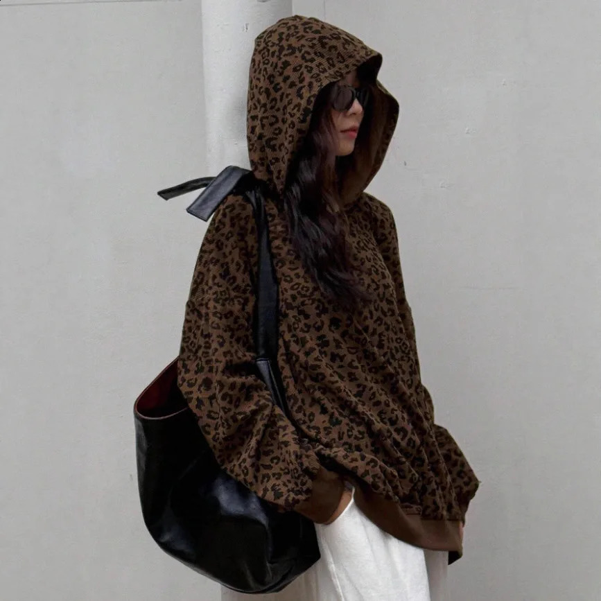 Fashion Vintage 2026 Sweatshirts Aesthetic Girl Loose Leopard Print Hoodie Womens Gothic Y2k Zipper Hooded Coat Female 261017