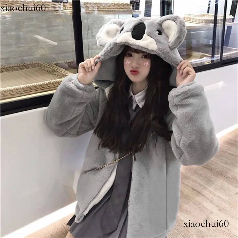 Warm Winter Plush Zip Hoodie With Cute 3D Cartoon Toy Koala Hat For Girl Women Gray Thick Bear Ears Loose Sweatshirt