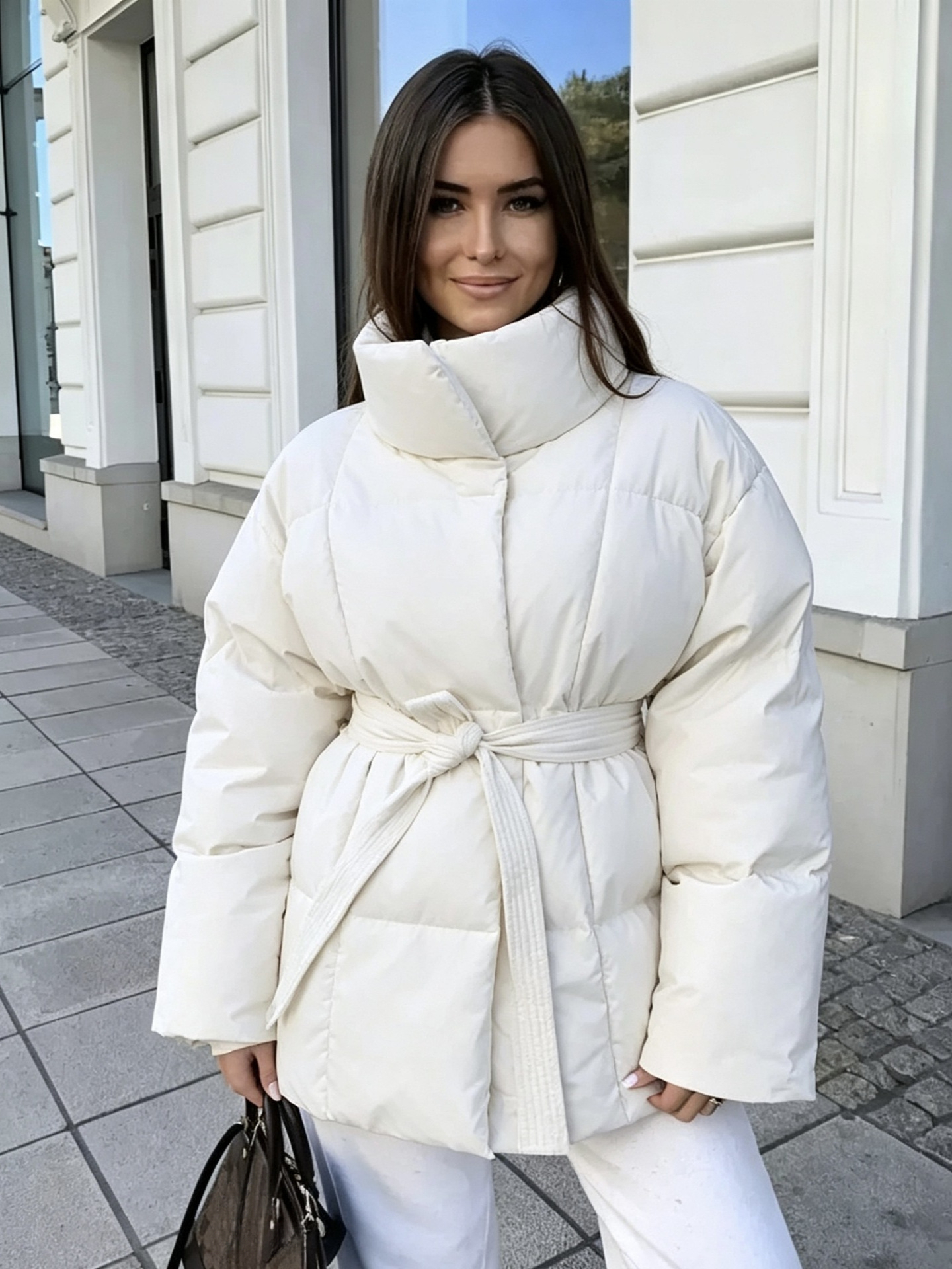 Women Autumn Winter Solid Color Cotton Coat Long Sleeve Tie Waist Loose Warm Fashion Outerwear Elegant Casual Shopping And Daily Walking Outfit For