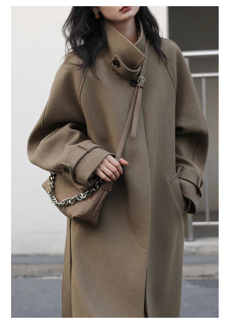 2026 Women's Elegant Wool Trench Coat Long Belted Stand Collar Raglan Sleeves Office Autumn Winter Overcoat 261010