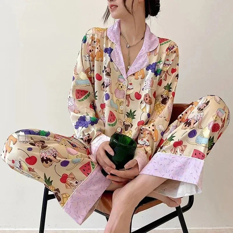 Cute Dog Printed Pajamas for Women's Spring and Autumn Lazy Style Sweet Homewear Silk Pajamas for Women Sleepwear 261015