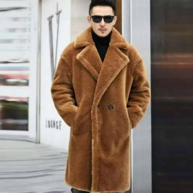WHXR Fashion Long Camel Fleece Coats Men Autumn Winter Thickened Warm Faux Fur Outwear Trend Vintage Man Windbreaker Jackets 261012