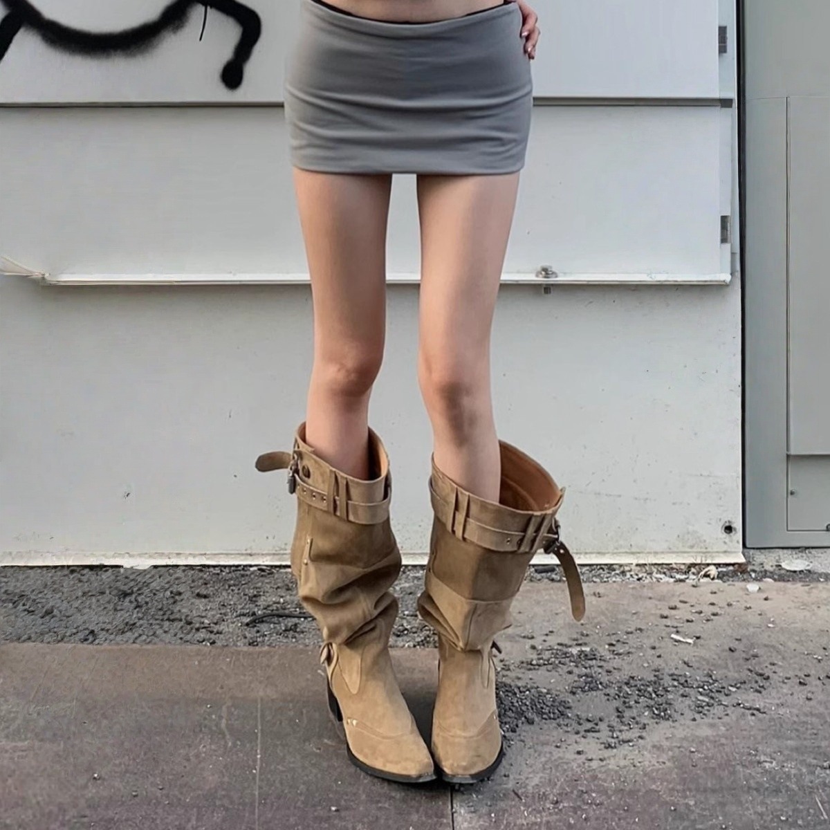 Women's Suede Knee High Slouch Boots Pointed Toe Block Heel Western Long Boots with Metal Buckle, Autumn Winter Khaki Tall Boots