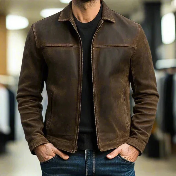 Men's Dark Green Suede Casual Wear Jacket Zip Up Turndown Collar Slim Fit Business Outerwear for Autumn and Spring 260928