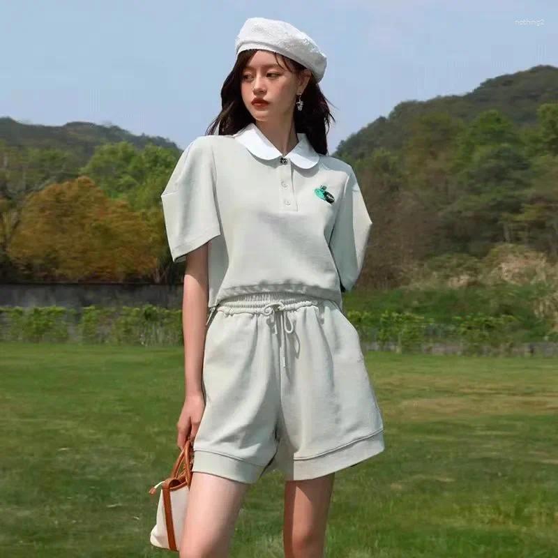 Salt Style Petite Women Polo Collar Two Piece Set Short Sleeve Top Drawstring Shorts Summer Sports Outfit