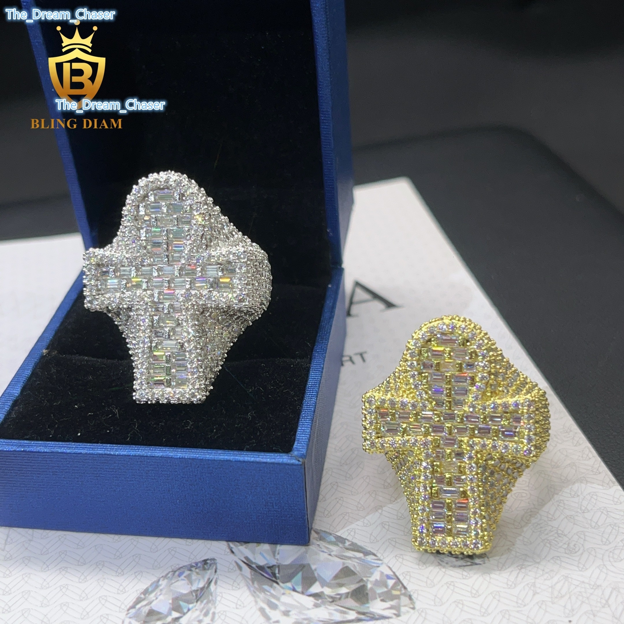 Iced Out Gold Plated baguette Cut Moissanite Cross Ring 925 Silver Pass diamond Tester Men Ring Hip Hop Rapper Jewelry in Stock