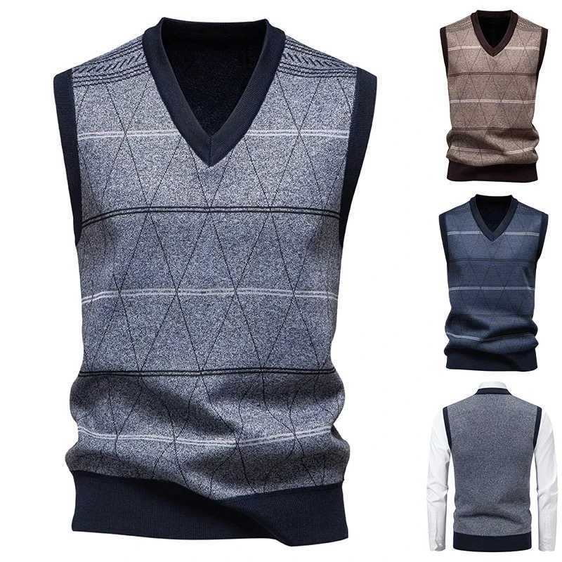 Men's Men's Vests V-neck 2026 Knitted Sweater Warm Autumn Winter Grid Twisted Flower Casual Fashion Versatile Knit TopW261017