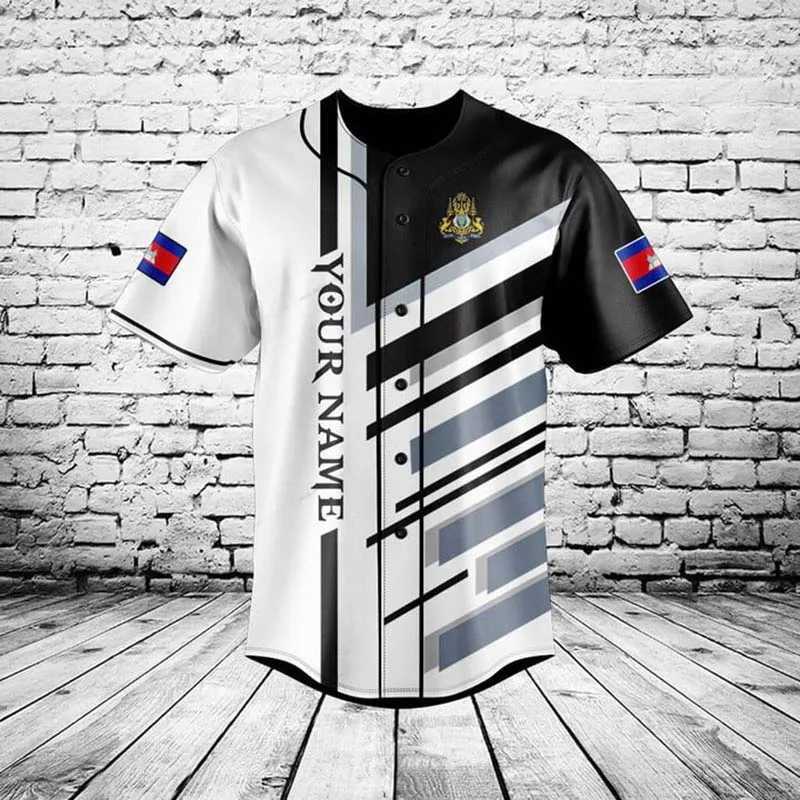 Cambodia Men's Name T-Shirts Custom Flag Graphic Button Shirt Summer Casual and Baseball Team Loose Short Sleeve TopsW261017