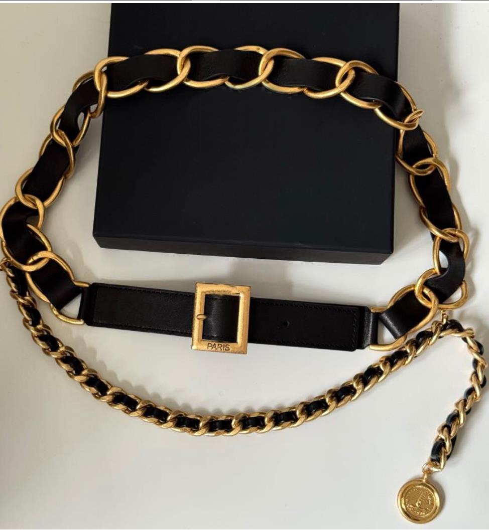 Vintage Leather woven black gold double-layer waist chain jeans dress Belt Accessories Chain length of about 80cm CO39