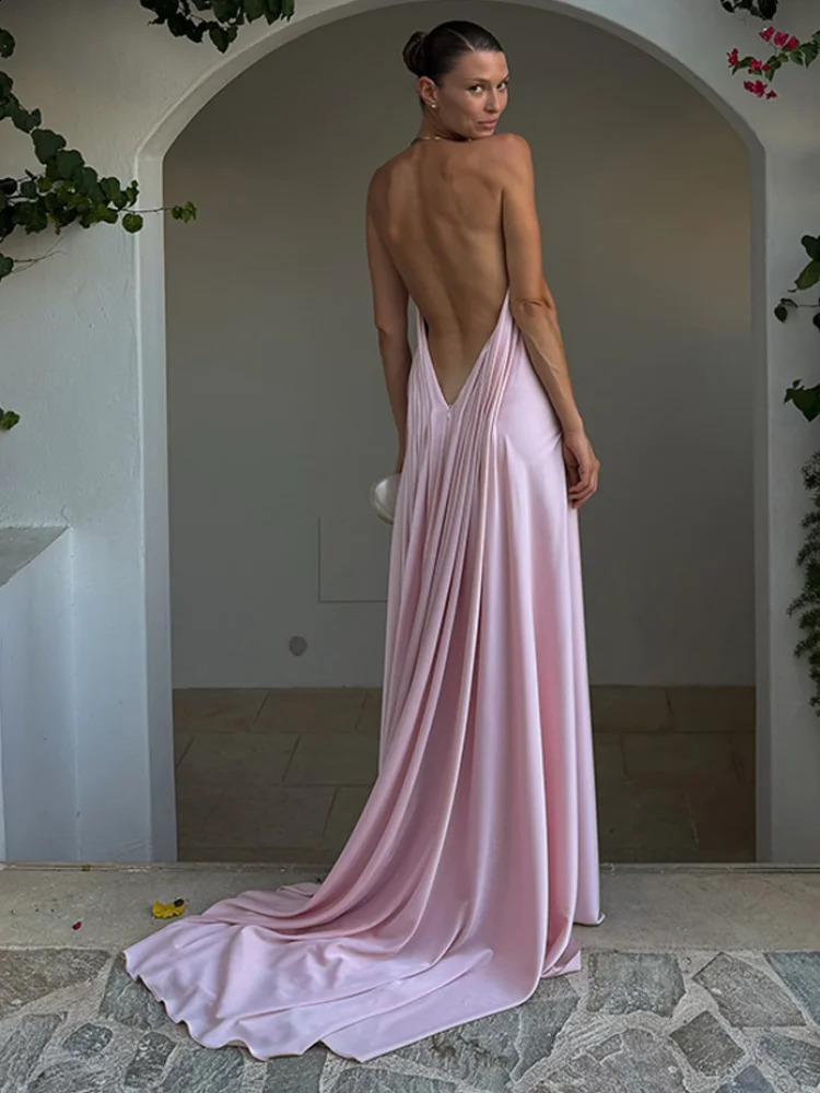 Fashion Satin Ruched Women's Dress Halter Neck Bare Back Sleeveless Dresses Elegant Chic 2026 Summer Evening Party Lady Wear 261017