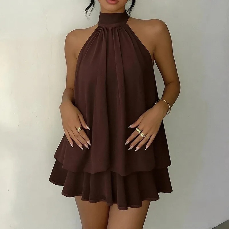 2026 Women's Elegant Halter Neck Sleeveless Ruffled Layered Chiffon Mini Dress Casual Summer Party Dress for Beach Vacation Y2K 261014