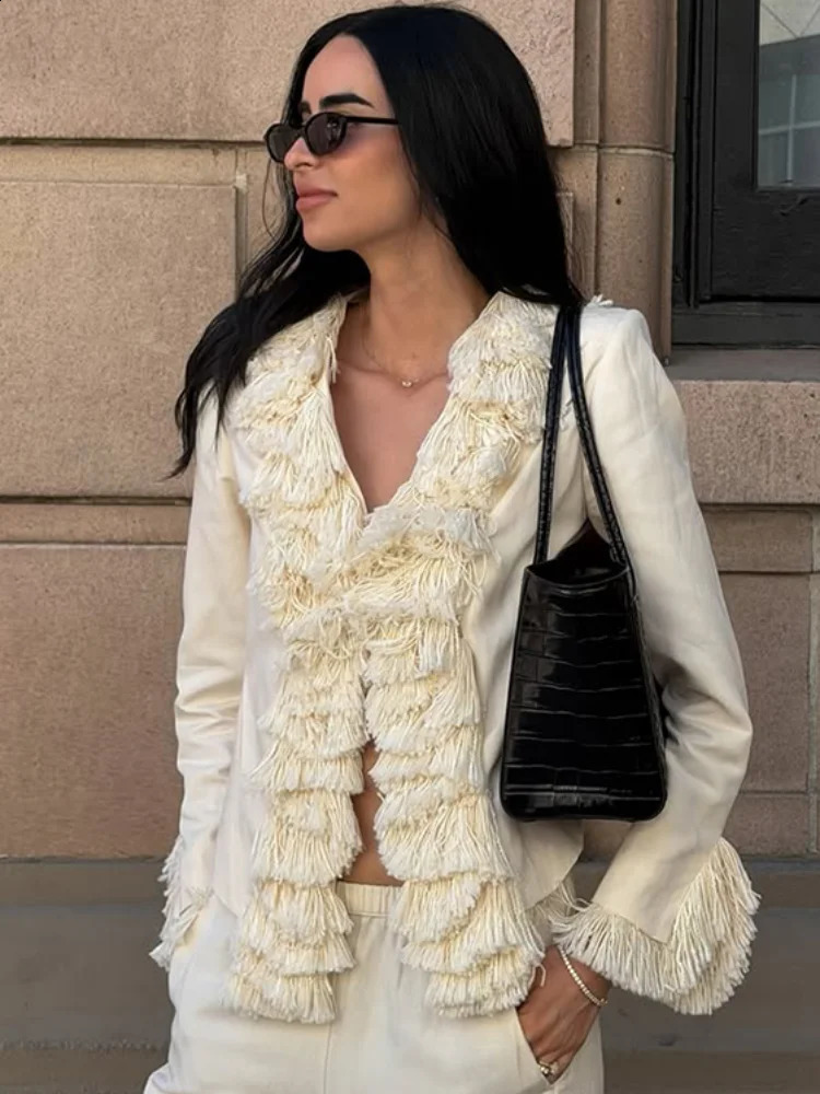 Fashion Solid Blended Womens Jacket Irregular Tassel Decoration Open Front Long Sleeves Loose Chic 2026 Autumn Street Wear 261017