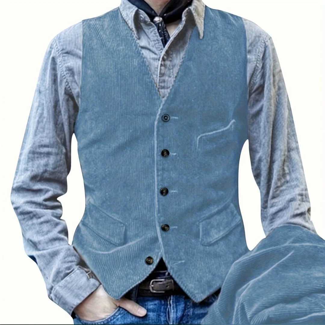 Retro Men's Casual Vests Men's Striped Solid Color Jacket Vest Elegant and Fashionable V-Neck Corduroy Sports Jacket for Spring and Autumn