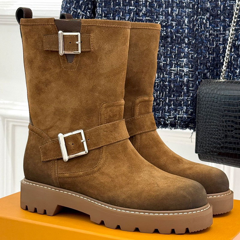 Designer Territory Ankle Boot Women Classic Knight Boots Exquisite Details Double Buckle Belts Thick Lightweight Rubber Outsole Casual Commuter Fash