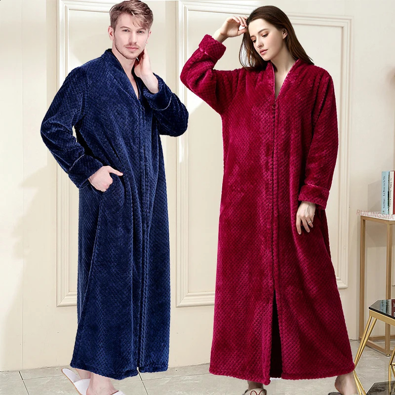 Women Winter Extra Long Thick Warm Bath Robe Plus Size Zipper y Flannel Peignoir Pregnant Bathrobe Men Coral Fleece Robes 261017