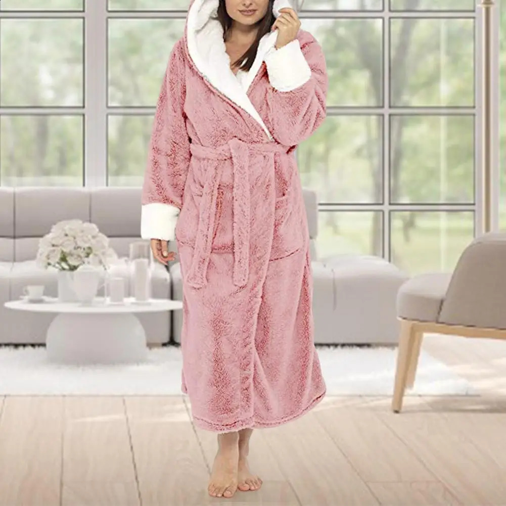 Autumn Winter Bathrobe Plush Women Nightgown Long Sleeves Thicken Hooded Warm Knee Length Plus Size Sleepwear 261017