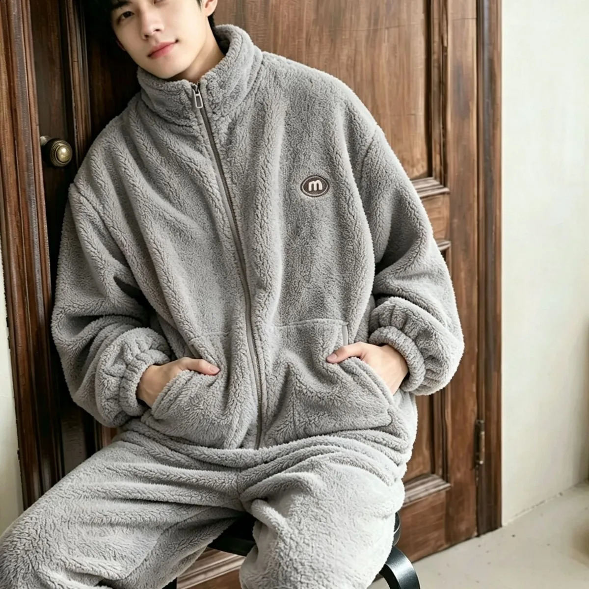 Sleepwear Male Pajama Mens cotton Pajamas Set Man Solid Color Fleece Autumn Winter Thickened Zipper Loose Homewear 261017