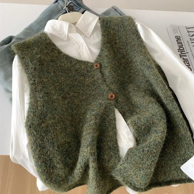 Woman Sweater Vest Sleeveless Retro Preppy Style Autumn Knitwears Waistcoat Outerwears Oversized Coats Winter Jumpers 261009