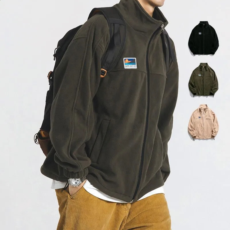 Men Casual Loose Polar Fleece Jacket Stand Collar Full Zip Drawstring Hem Solid Color Outdoor Daily Wear Outerwear 261009