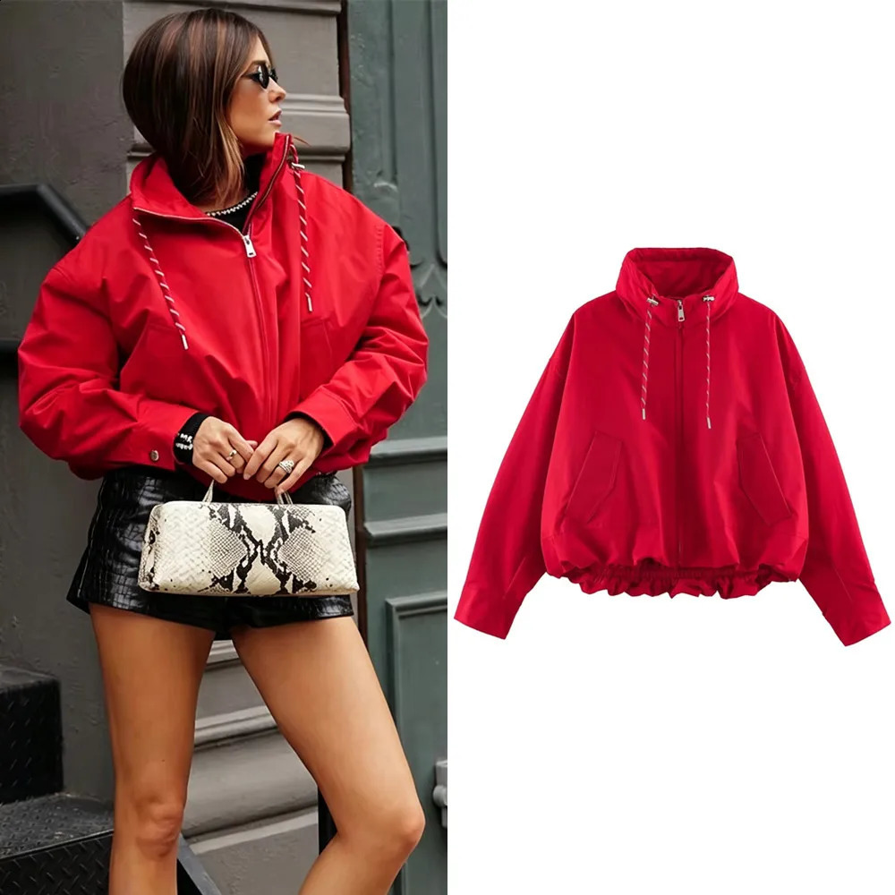 Ladies Casual Chic StandCollar Jacket Red Street Sports Style Autumn Winter Women Trendy Loose Zipup Padding 261017