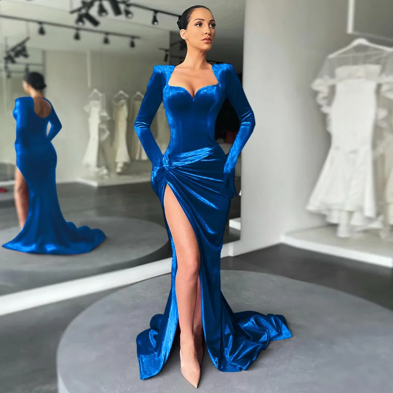 Sexy V Neck Long Sleeve High Split Long Maxi Dress Night Club Prom Wedding Party Dresses Women Evening Elegant Red Velvet Dress 261015