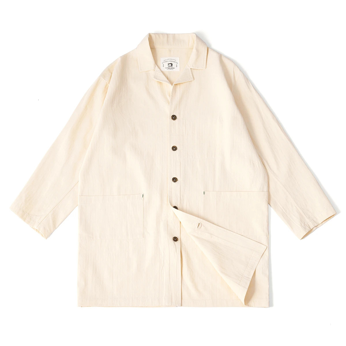 Plain Color Long Men'S Windbreaker Jacket Natural Raw Cotton Washed Thread Retro Lapel Thin Solid 261010