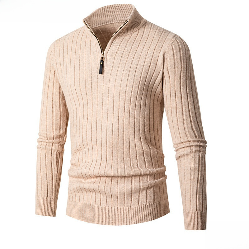 2026Foreign Trade Autumn Winter New European And American Long Sleeve Vertical Striped Half Turtleneck Zipper Base Knit Men's Sweater Honglu