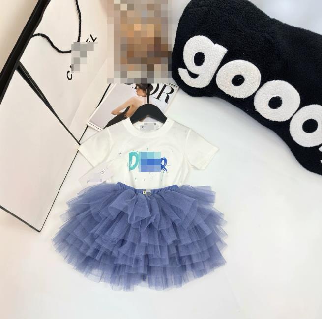 Summer Kids Designer Clothes Cute Two Piece Skirt Set Baby Girls Children Clothing Dresses Sets Short Sleeve Pullover T-shirt Pleated Cake Dress P87