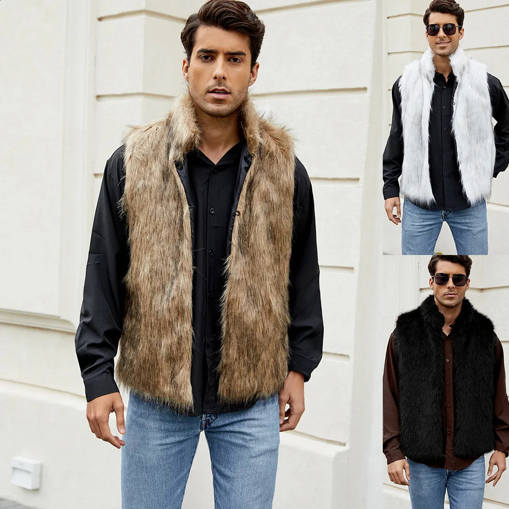 Sleeveless Jacket Men Faux Fur Vest Stand Collar Thick Jackets High Street Cardigan Coat Elegant Male Warm Vests Winter 261012