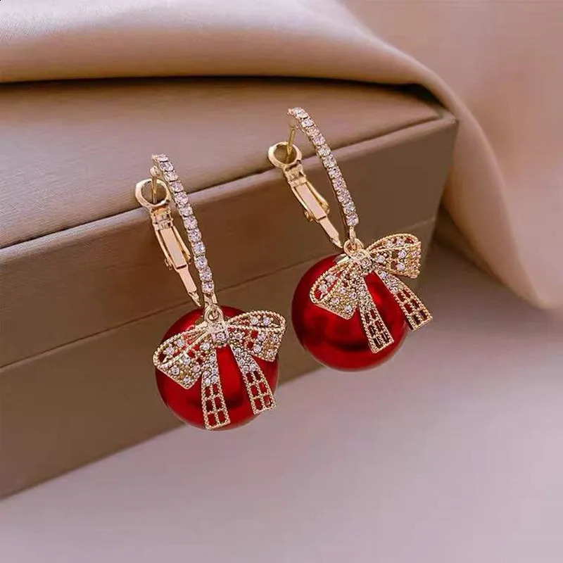 Gold Color Zircon Bowknot Stud Earrings For Women Red Pearl Flower Festive Earring Year Christmas Jewelry Gifts261016