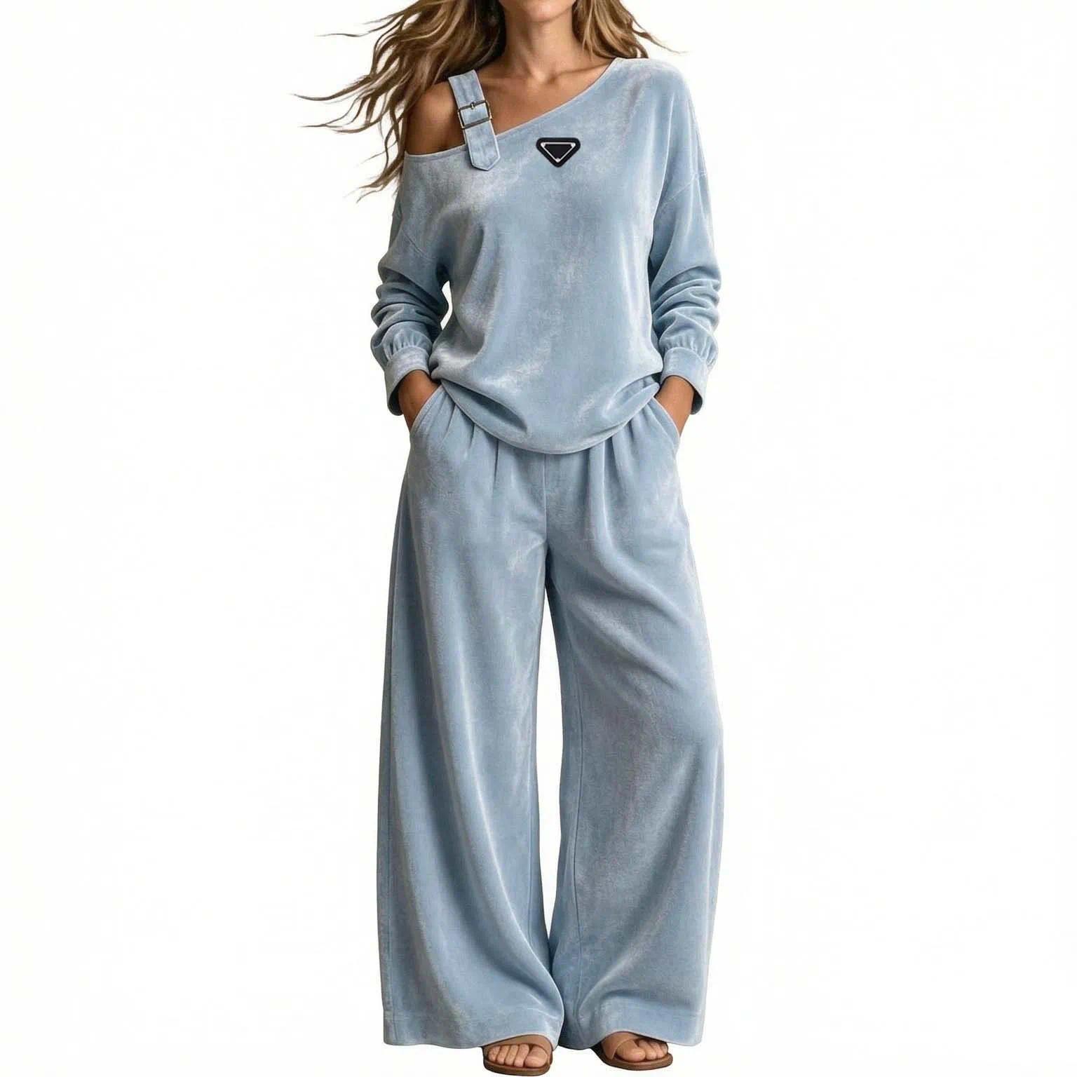 Designer Women's 2 Piece Outfit Set Casual Long Sleeve Solid Color Loose Fit Off Shoulder Top and Wide Leg Pants Loungewear Velvet Tracksuit De