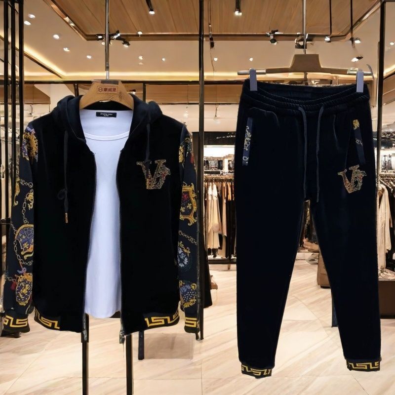 Trend Letter Golden Velvet Fashion Hooded Two-piece Men's Pants Spring and Autumn New Youth Middle-aged