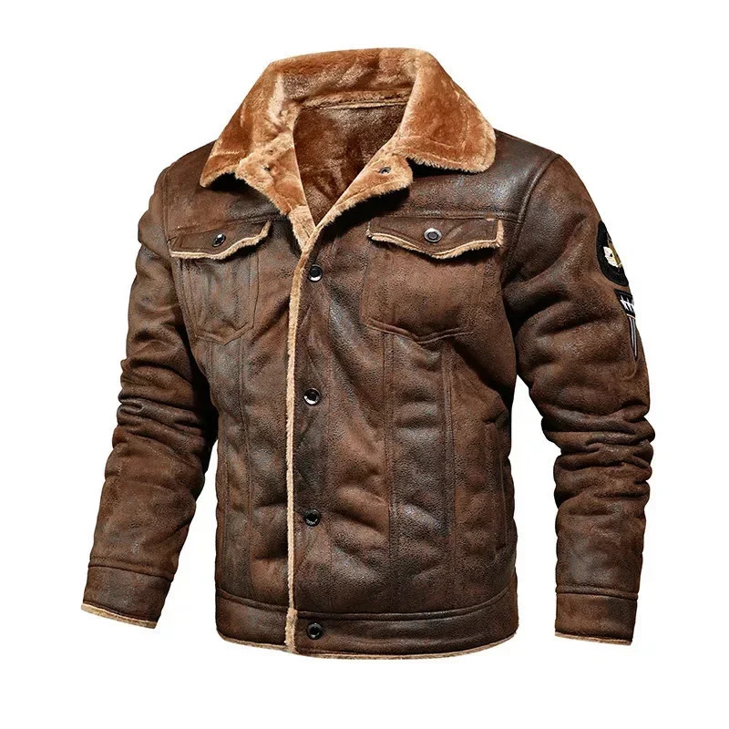 Men's Leather and Fur Onepiece Jacket for Autumn Winter Fashionable Fleecelined Workwear Casual Coat 261014
