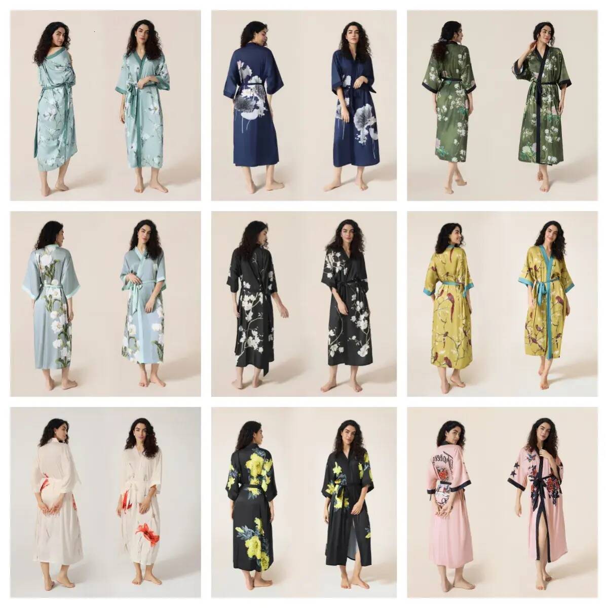 Women Pajamas Light Luxury Spring And Summer Seven Quarter loungewear Sleeve Long Satin Printed Nightgowns Bathrobes Home Wear Sleepwear