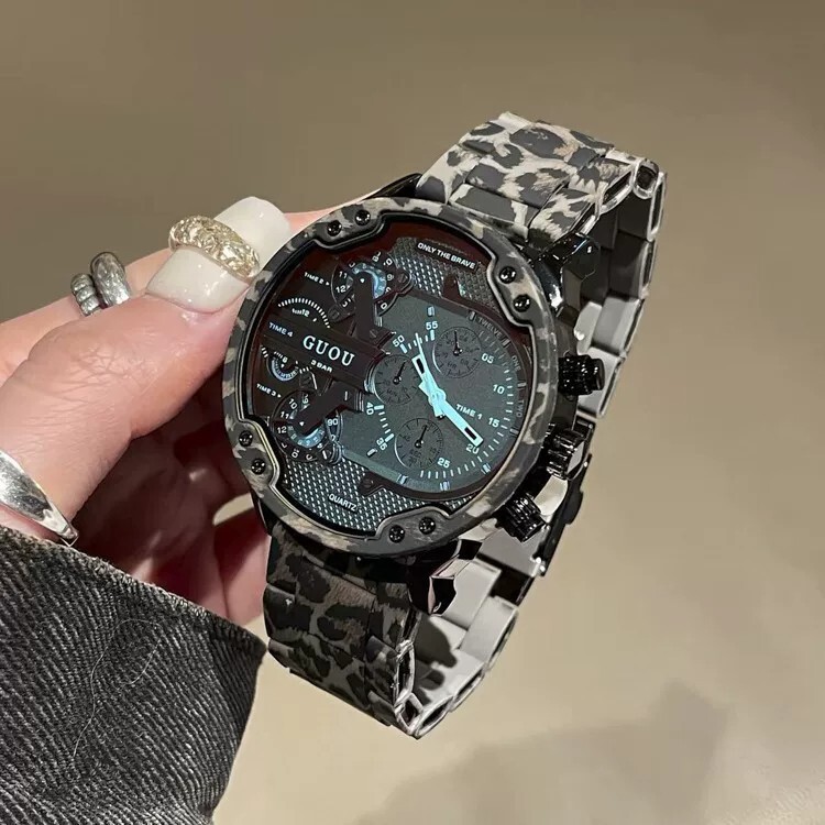 Designer exquisite ladies' watch GUOU new fashion large dial women's steel band watch personalized leopard print trendy women's quart