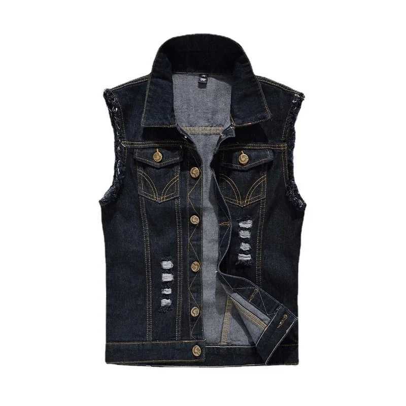 Denim Men Men's Vests Vests Jackets Waistcoats Light Blue Ripped Denim Coats Vests New Fashion Male Cotton Slim Black Jeans Waistcoats 6XLW2610