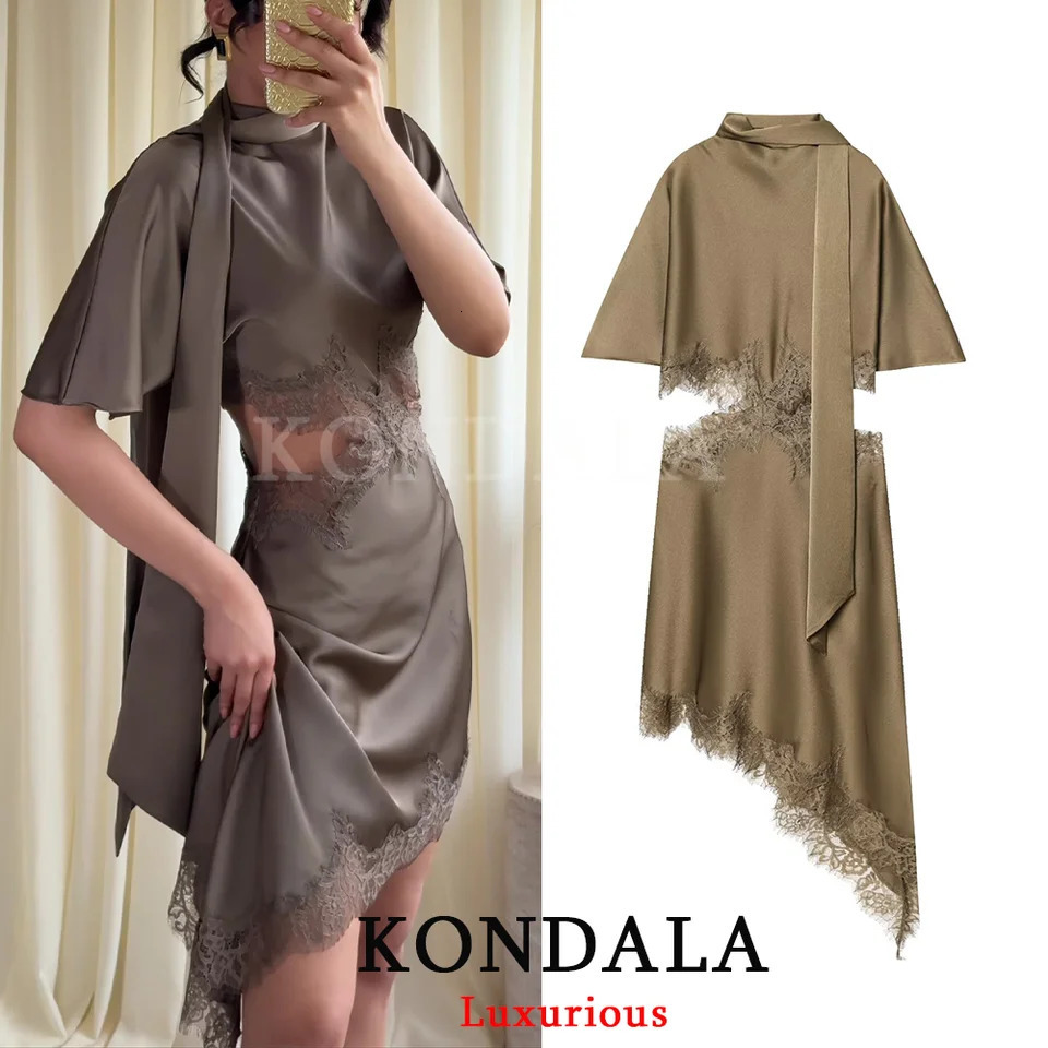 KONDALA Elegant Sexy Chic Women Mini Dress Asymmetrical Scarf Collar Dress Fashion 2026 Spring Summer Holiday Night Out Dress 261013