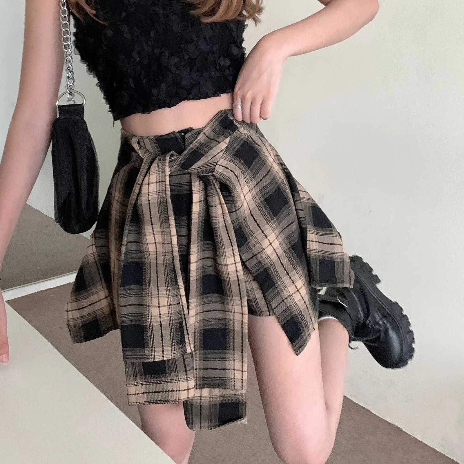 Women Skirts Skirts Fake Pant Pieces Beach Short Skirt A Line Lace Up Plaid Elegant Splice Orregular Y2k Streetwear Work 2026 Spring W261017