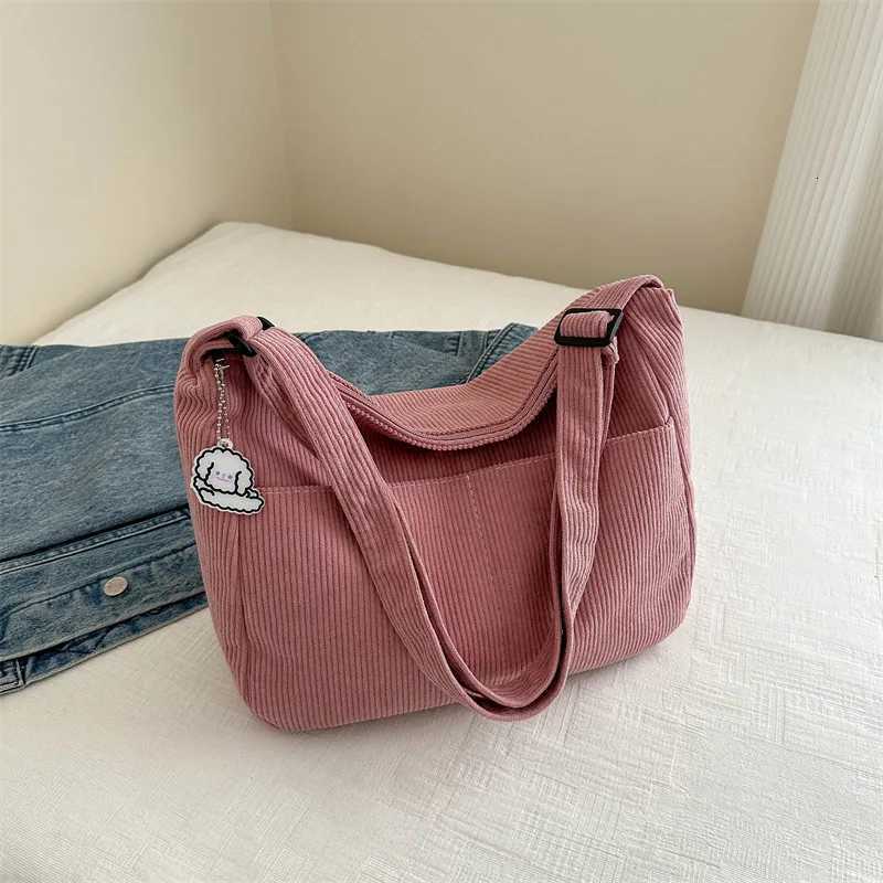 Shoulder Bags Womens Corduroy Shoulder Bag Casual Striped Large Capacity Tote with Zipper Closure Cute Hat Patch Perfect for Everyday Use H261016