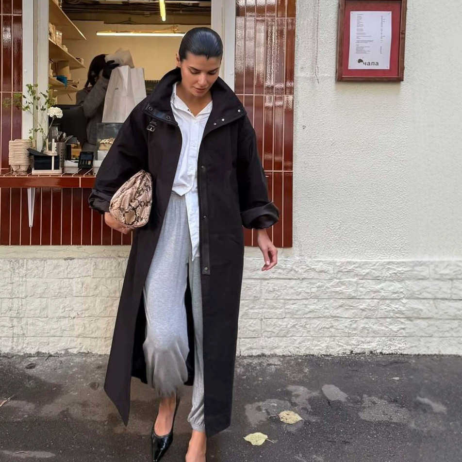 Designer Womens Black Long Trench Coat Stand Funnel Collar Loose Oversized Luxury Streetwear Windbreaker Outwear