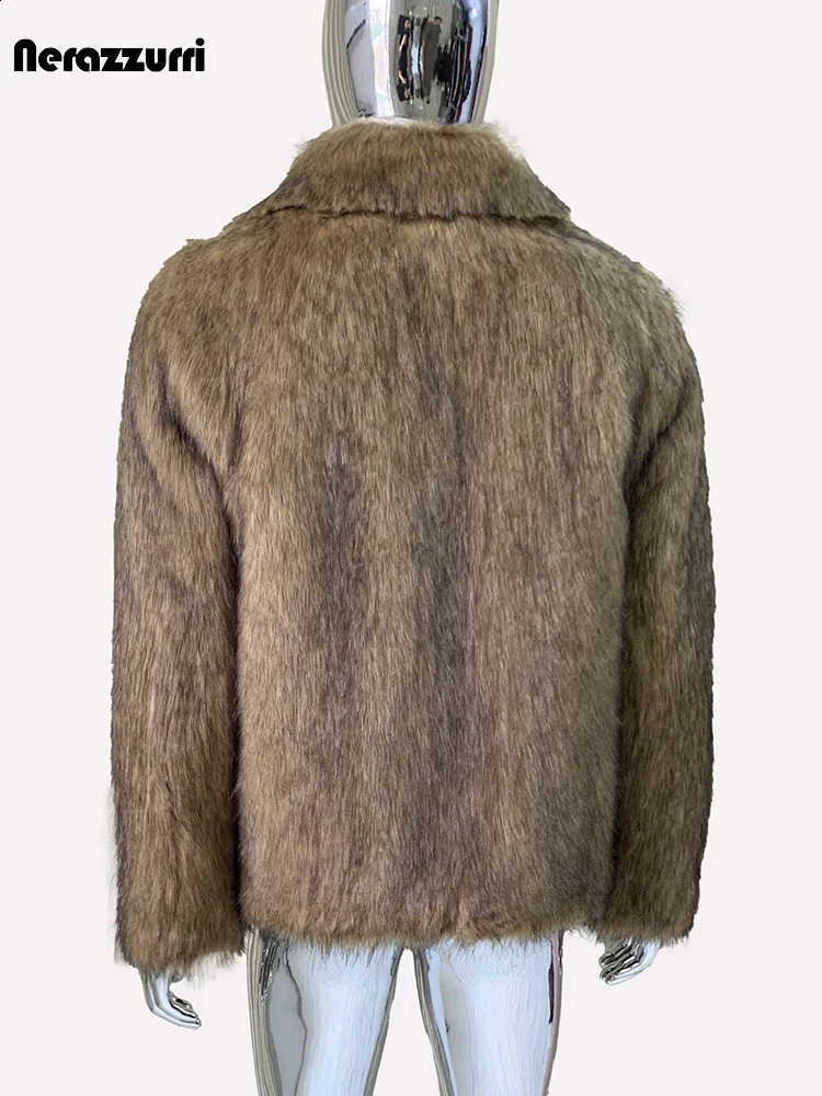 Nerazzurri Winter Short Thickened Warm Soft Hairy Shaggy Fluffy Faux Fur Coat Men Long Sleeve Turndown Collar Jacket 261012